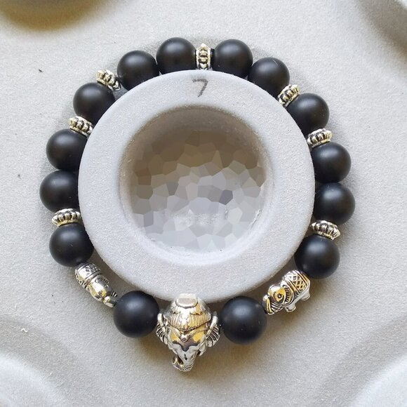Heavy & Ornate! Black & Silver Elephant Stretch Bracelet - Black Stone Beads 7" - Picture 3 of 8